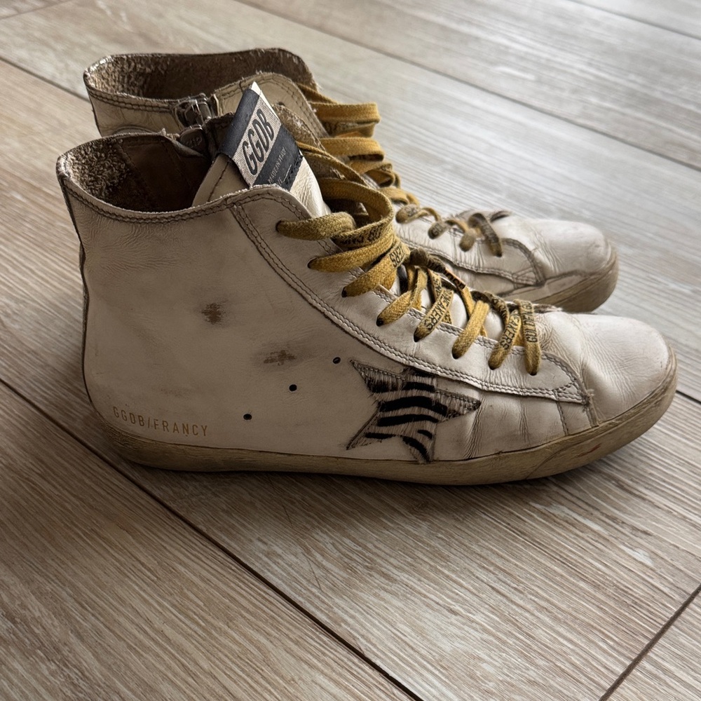 Golden Goose White High-Top Sneakers with Yellow Laces